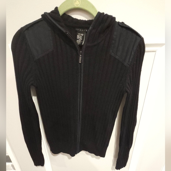 Theory Black Ribbed Zip Up Knit Sweater Wool Size Petite - Picture 1 of 9